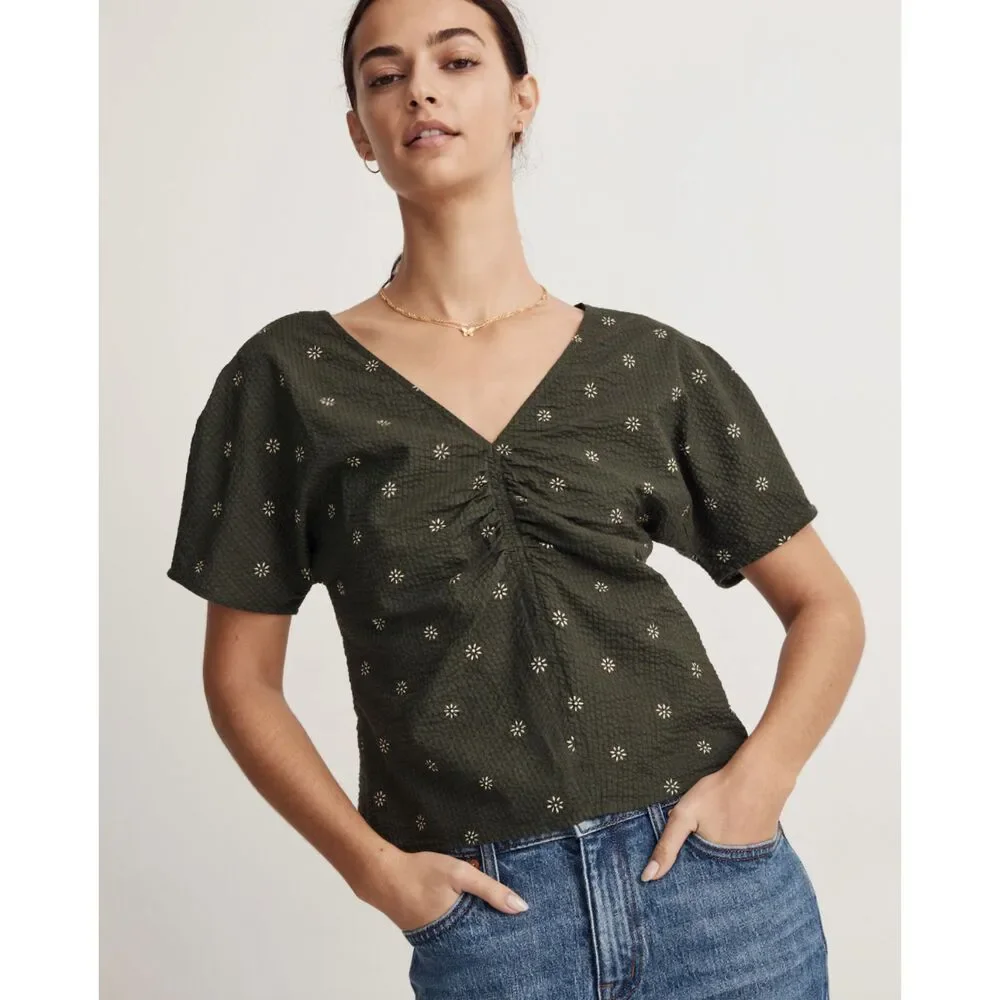 Madewell Voile Puff-Sleeve Top in Floral Dark Green